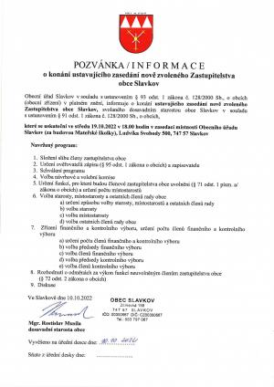 Informace o konání ustavujícího zasedání ZO